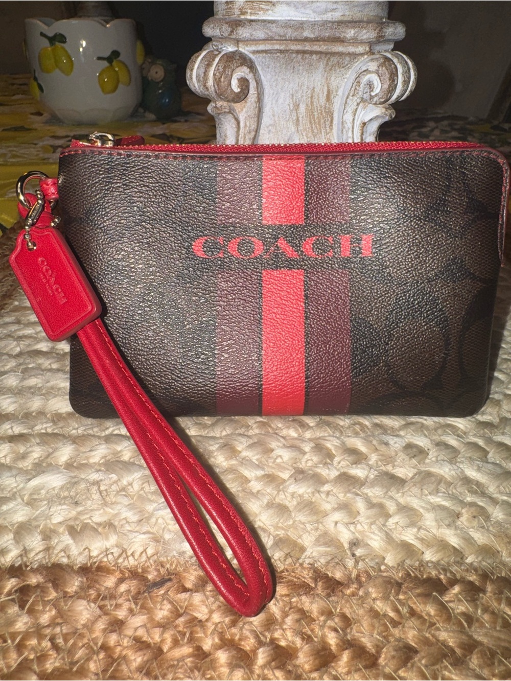 Like NEW COACH Brown & Red Signature Stripe Wristlet with Red Wrist Strap